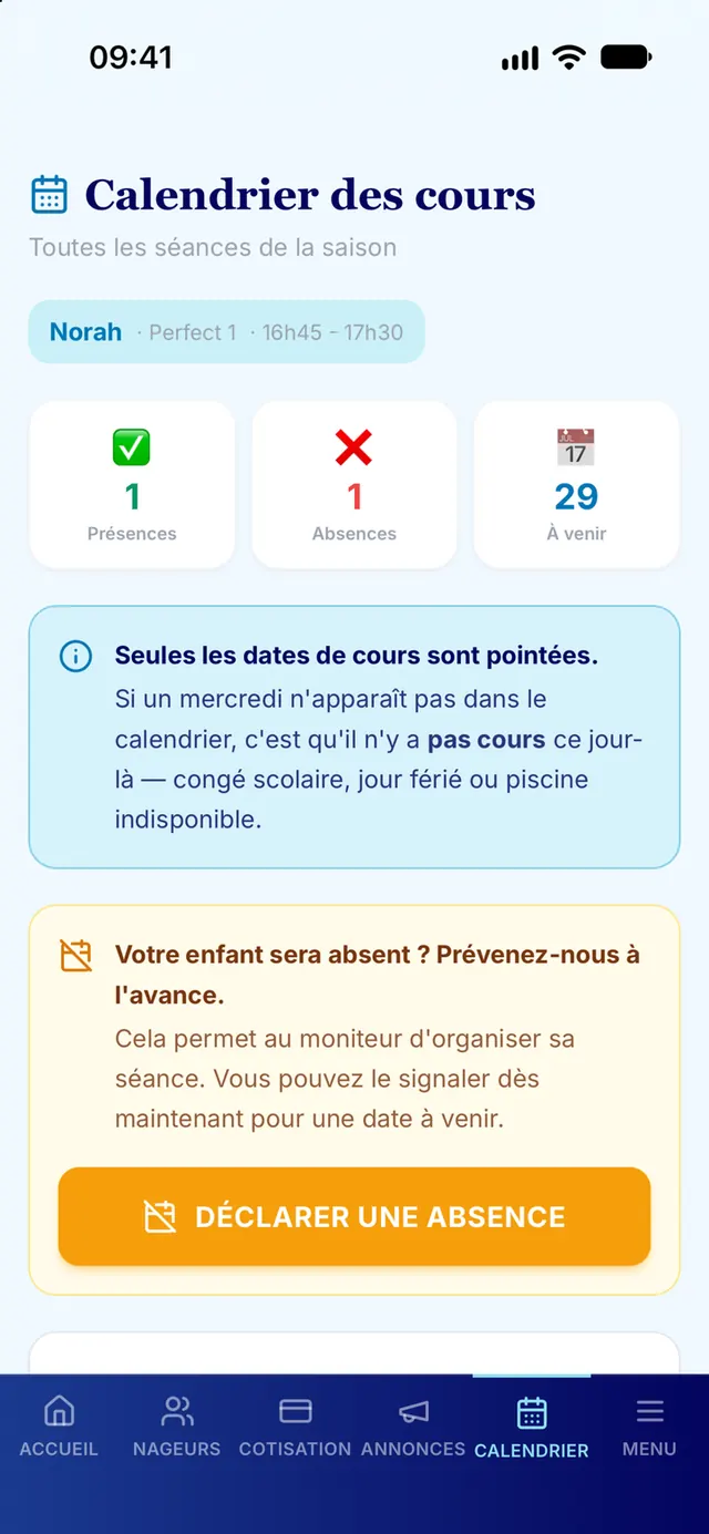 Écran « Calendrier des cours » de l'application LCDB — Portail Parents : présences, absences et séances à venir